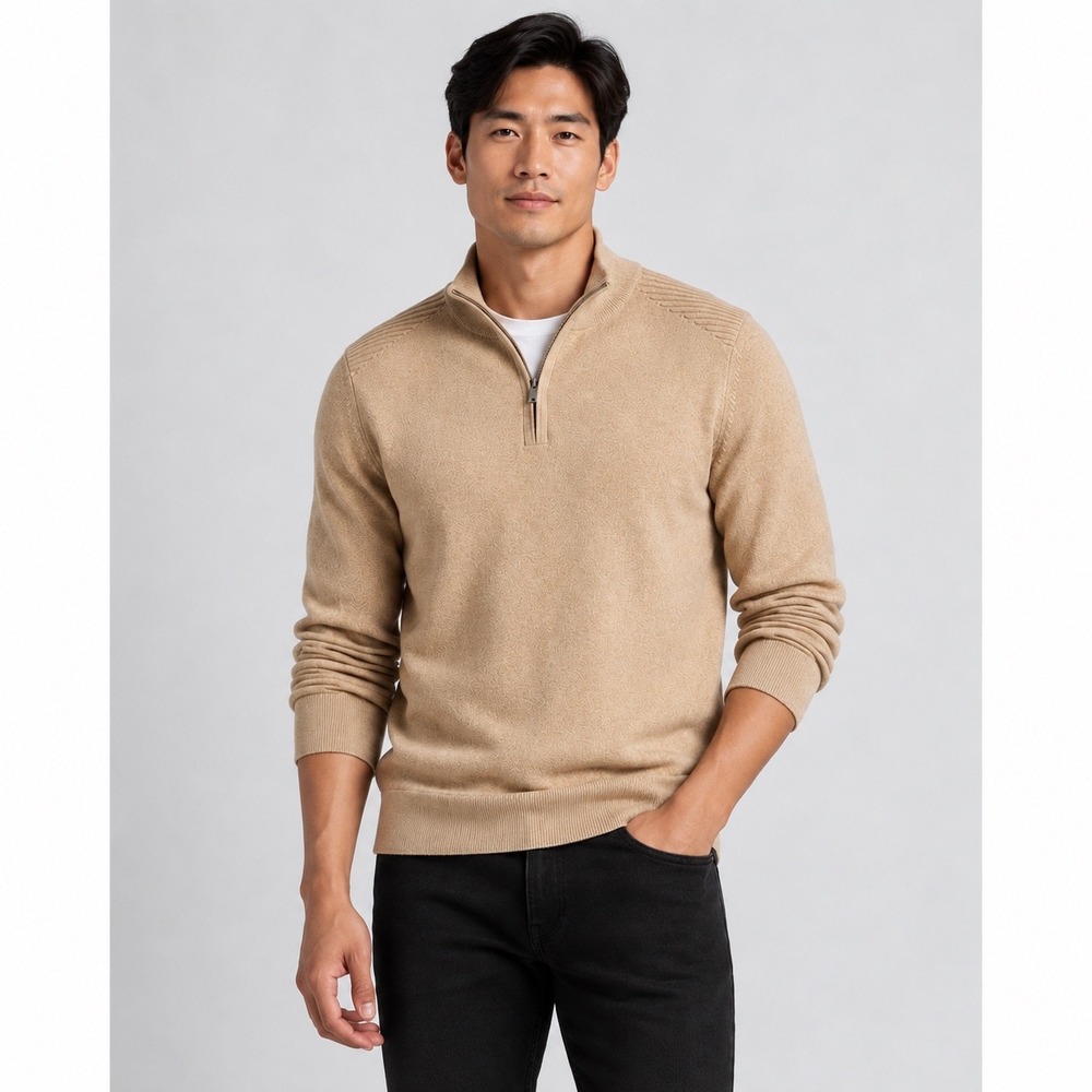 Hugo Boss Mens Regular Fit Cotton Wool Quarter Zip Sweater Camel Tan Large